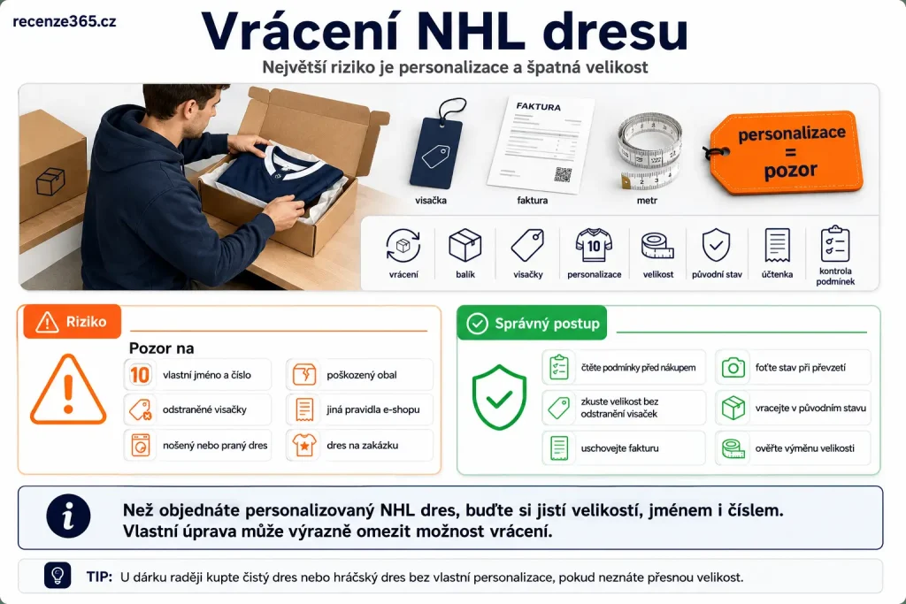 vrácení NHL dresu, jak vrátit NHL dres, NHL dres vrácení zboží, NHL dres výměna velikosti, personalizovaný NHL dres vrácení, custom NHL jersey return, vlastní jméno na dresu vrácení, NHL dres bez visaček, NHL dres původní stav, Fanatics return policy jersey, NHL Shop vrácení dresu, NHL dres reklamace, NHL dres špatná velikost, NHL dres dárek vrácení