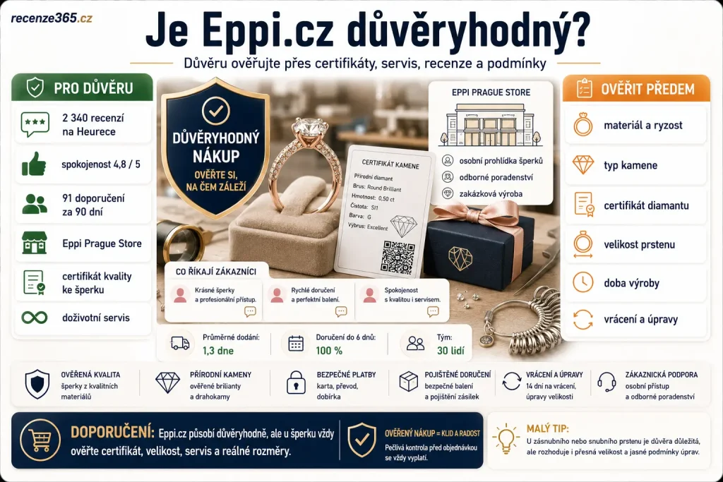 je Eppi.cz důvěryhodný, Eppi důvěryhodnost, Eppi ověřený obchod, Eppi Heureka recenze, Eppi Zboží.cz recenze, Eppi Prague Store, Eppi certifikát kvality, Eppi certifikáty diamantů, Eppi GIA IGI ČGL, Eppi doživotní servis, Eppi 120 dní na vrácení, Eppi doprava a vrácení zdarma, Eppi zákaznická podpora, Eppi vlastní výroba, Eppi tým 30 lidí, Eppi recyklované materiály, bezpečný nákup šperku online