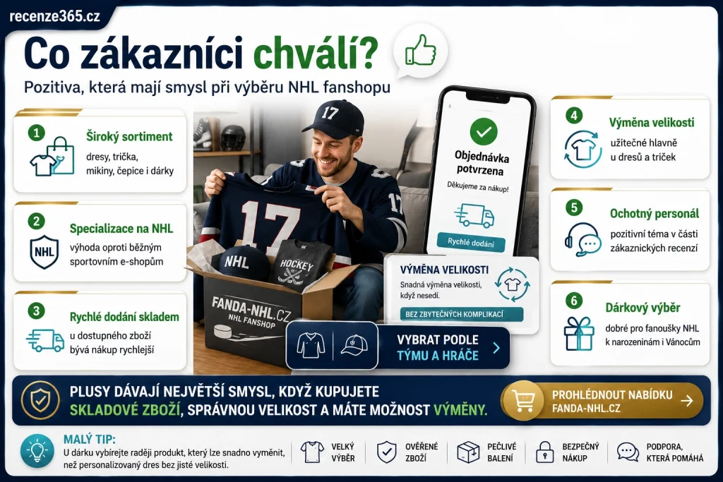 co zákazníci chválí Fanda-NHL.cz, Fanda-NHL pozitivní recenze, Fanda-NHL zkušenosti zákazníků, Fanda-NHL sortiment, Fanda-NHL rychlé dodání, Fanda-NHL ochotný personál, Fanda-NHL výměna velikosti, Fanda-NHL NHL dresy, Fanda-NHL originální zboží, Fanda-NHL prodejna Praha, Fanda-NHL dárky NHL, Fanda-NHL hezky zabalené, Fanda-NHL jednoduchý nákup, Fanda-NHL široká nabídka