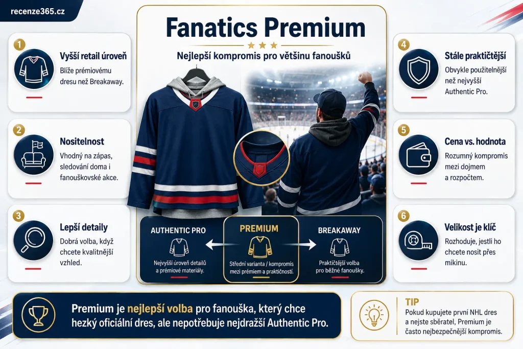 Fanatics Premium NHL dres, Premium NHL dres recenze, nejlepší kompromis NHL dres, Fanatics Premium versus Breakaway, Fanatics Premium versus Authentic Pro, prémiový fanouškovský NHL dres, NHL dres pro většinu fanoušků, Premium dres velikost, Premium NHL jersey, Fanatics Premium kvalita, oficiální NHL Premium dres, NHL dres na zápas i běžné nošení