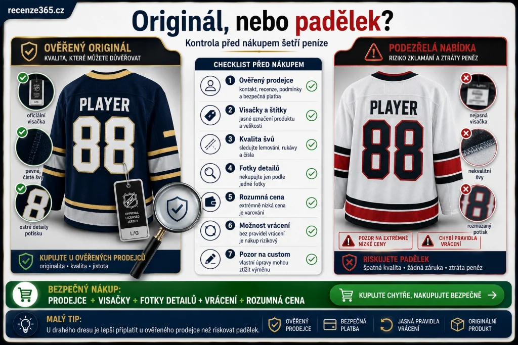 jak poznat originální NHL dres od padělku, originální NHL dres kontrola, falešný NHL dres, padělek NHL dres, pravý Fanatics NHL dres, jak poznat pravý NHL jersey, NHL dres visačka, NHL dres hologram, NHL dres švy, NHL dres potisk, NHL dres podezřele levný, NHL dres falešný obchod, jak ověřit NHL dres, kvalitní NHL dres