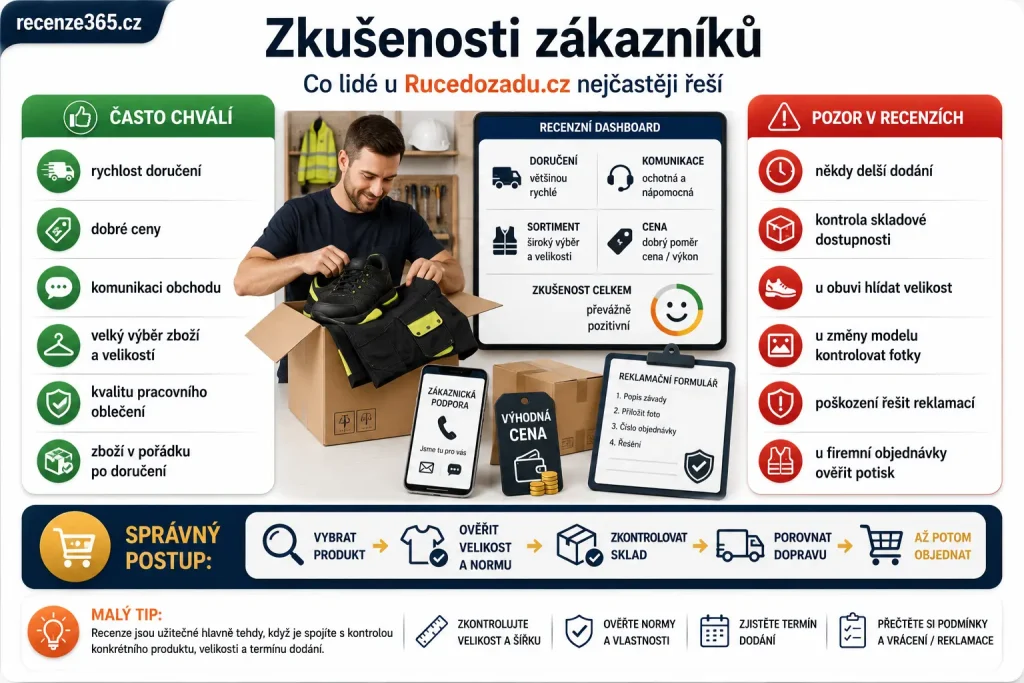 jaké jsou zkušenosti zákazníků Rucedozadu.cz, Rucedozadu.cz zkušenosti zákazníků, Rucedozadu recenze Heureka, Rucedozadu pozitivní recenze, Rucedozadu negativní recenze, pracovní oděvy zkušenosti, pracovní obuv zkušenosti, Rucedozadu rychlost dodání, Rucedozadu komunikace, Rucedozadu ceny, Rucedozadu kvalita zboží, Rucedozadu velký výběr velikostí, Rucedozadu reklamace, Rucedozadu doprava, Rucedozadu recenze zákazníků