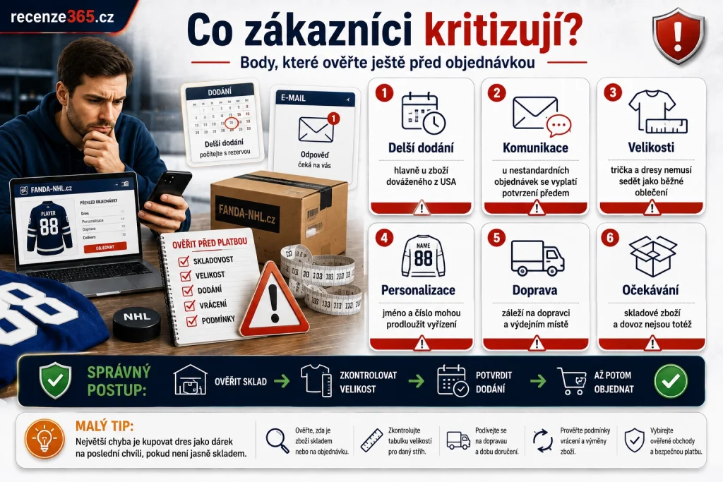 co zákazníci kritizují Fanda-NHL.cz, Fanda-NHL negativní recenze, Fanda-NHL stížnosti, Fanda-NHL dlouhé dodání, Fanda-NHL komunikace problém, Fanda-NHL špatná velikost, Fanda-NHL výměna zboží, Fanda-NHL vrácení zboží, Fanda-NHL dovoz z USA, Fanda-NHL produkt není skladem, Fanda-NHL zpoždění objednávky, Fanda-NHL DPD kritika, Fanda-NHL recenze nevýhody, NHL fanshop problém