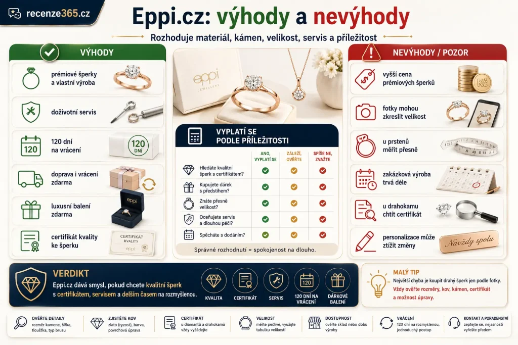 výhody a nevýhody Eppi.cz recenze, Eppi výhody nevýhody, Eppi plusy mínusy, Eppi recenze shrnutí, Eppi doživotní servis výhoda, Eppi 120 dní na vrácení výhoda, Eppi certifikát kvality, Eppi doprava zdarma, Eppi luxusní balení, Eppi vyšší cena, Eppi velikost prstenu problém, Eppi výroba na míru, Eppi šperky drahé, Eppi recyklované zlato, Eppi zásnubní prsteny vyplatí se, Eppi snubní prsteny vyplatí se