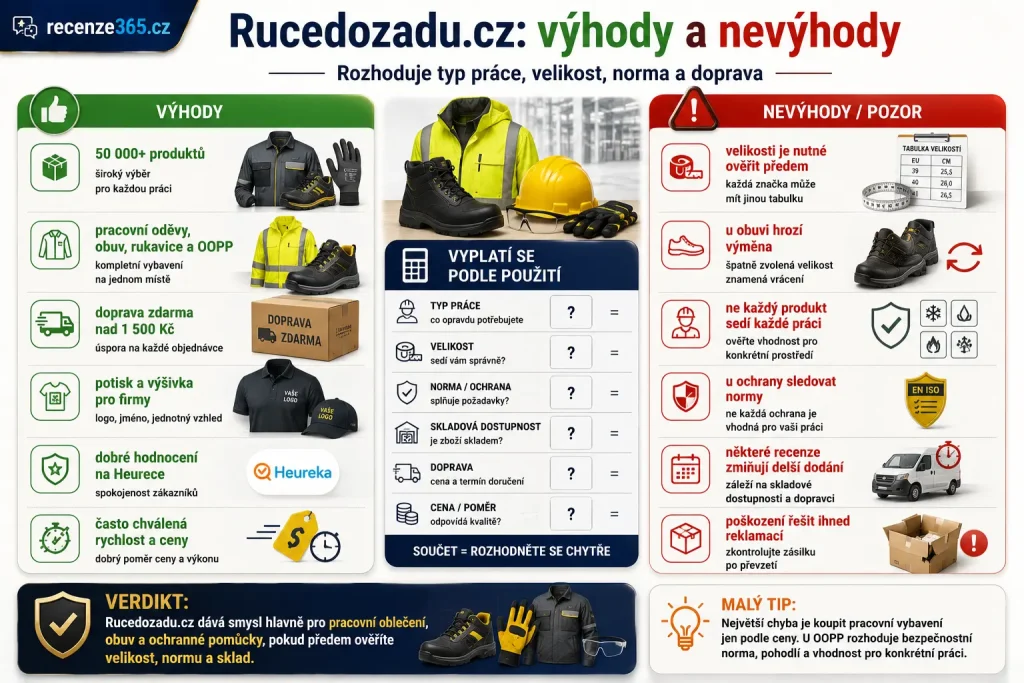 výhody a nevýhody Rucedozadu.cz recenze, Rucedozadu.cz výhody nevýhody, Rucedozadu plusy mínusy, Rucedozadu recenze shrnutí, pracovní oděvy výhody, pracovní obuv nevýhody, ochranné pomůcky výhody, Rucedozadu doprava zdarma nad 1500 Kč, Rucedozadu Heureka 1513 recenzí, Rucedozadu potisk výšivka, Rucedozadu velký sortiment, Rucedozadu reklamace, Rucedozadu velikosti, vyplatí se Rucedozadu.cz