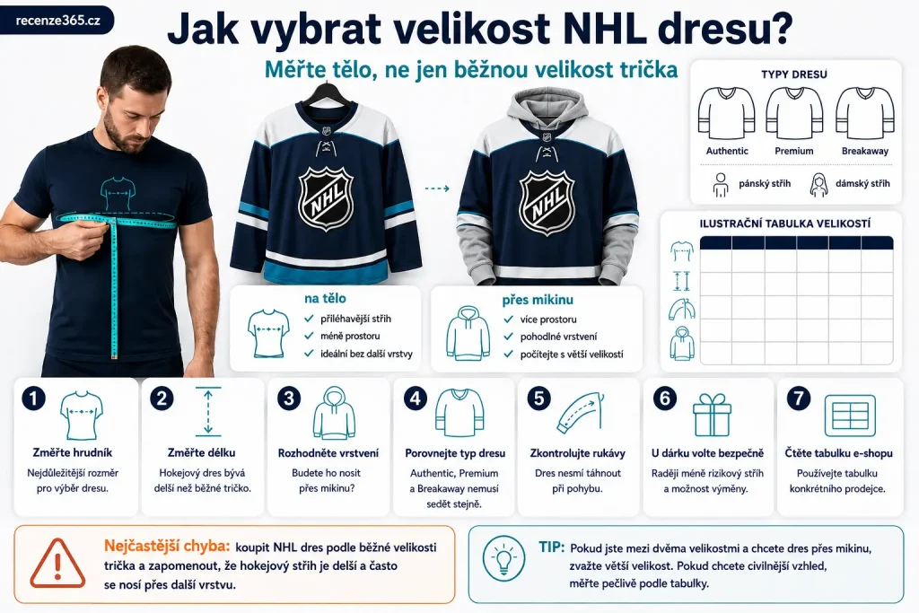 jak vybrat velikost NHL dresu, NHL dres velikostní tabulka, Fanatics NHL dres velikost, Authentic Pro velikost, Premium velikost, Breakaway velikost, NHL dres přes mikinu, jak sedí NHL dres, hokejový dres velikost, NHL jersey sizing, pánský NHL dres velikost, dámský NHL dres velikost, NHL dres jako dárek velikost, jak měřit hrudník pro dres