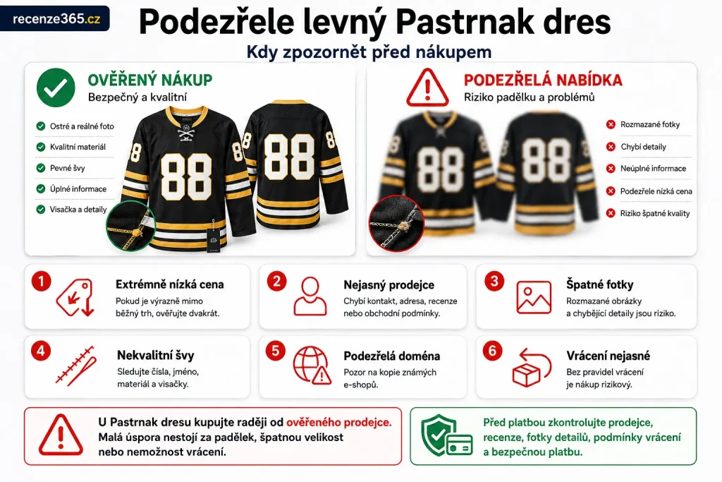 podezřele levný Pastrnak dres, falešný David Pastrnak dres, padělek Pastrnak dres, levný NHL dres Pastrnak, jak poznat falešný NHL dres, originální Pastrnak dres, Fanatics Pastrnak dres padělek, Boston Bruins #88 fake jersey, podezřelý e-shop NHL dresy, NHL dres bez licence, Pastrnak dres příliš nízká cena, jak ověřit prodejce NHL dres, falešný hokejový dres