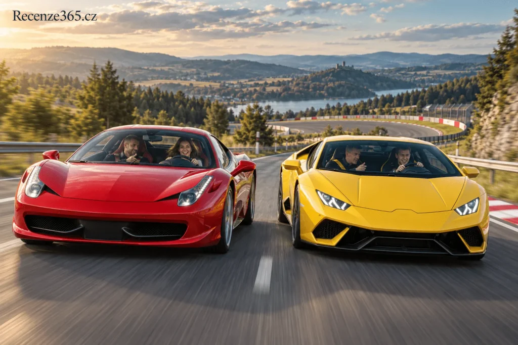 Ferrari vs Lamborghini jako zážitek – srovnání Ferrari 458 Italia a Lamborghini Huracán na Adrop.cz, jízda supersportem, Ferrari V8 vs Lamborghini V10, zážitkový dárek pro fanouška aut, silniční jízda, Masarykův okruh Brno, recenze Ferrari a Lamborghini a auto-moto zážitky.
