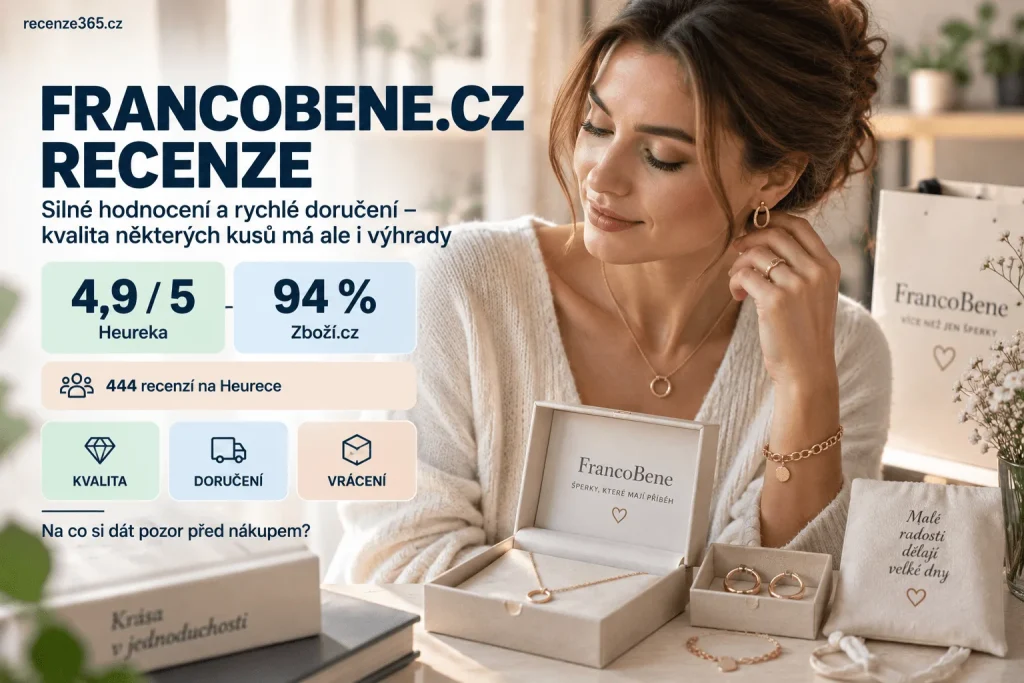 FrancoBene.cz recenze a zkušenosti zákazníků – hodnocení Franco Bene šperků z chirurgické oceli, náušnice, prsteny, náhrdelníky a náramky, Heureka 4,9/5, Zboží.cz 94 %, rychlé doručení, kvalita šperků, vrácení, reklamace a zkušenosti s nákupem.