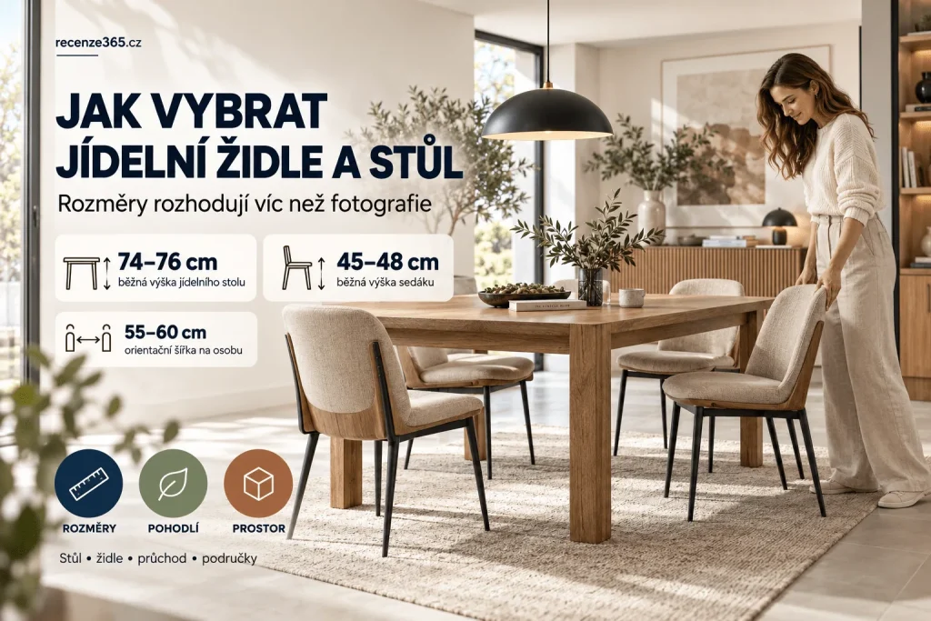 Jak vybrat jídelní židle a stůl – správná výška jídelního stolu a židle, rozměry pro 2, 4 a 6 osob, prostor kolem stolu, šířka židle, dřevěné a čalouněné židle, jídelní set a výběr nábytku do kuchyně a jídelny.