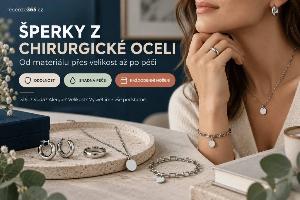 Šperky z chirurgické oceli – náušnice, prsteny, řetízky, náhrdelníky a náramky z nerezové oceli 316L, výhody, nevýhody, odolnost proti vodě, péče, velikosti a výběr šperků pro každodenní nošení.