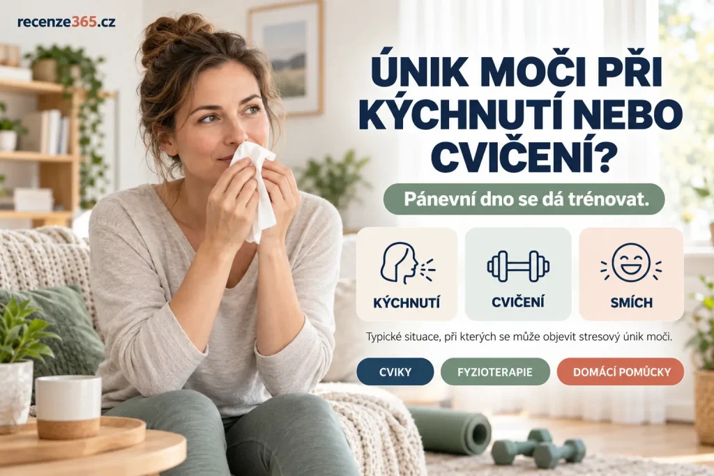 Únik moči při kýchnutí, kašli nebo cvičení u žen – stresová inkontinence, oslabené pánevní dno, cviky na pánevní dno, Kegelovy cviky, domácí posilování a možnosti fyzioterapie.
