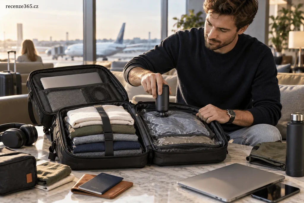 Vakuový batoh do letadla – cestovní vakuový batoh s kompresí oblečení, příruční zavazadlo Ryanair, Wizz Air a easyJet, batoh 40 × 30 × 20 cm, vakuová pumpa, balení na víkend a úspora místa v kabinovém zavazadle.