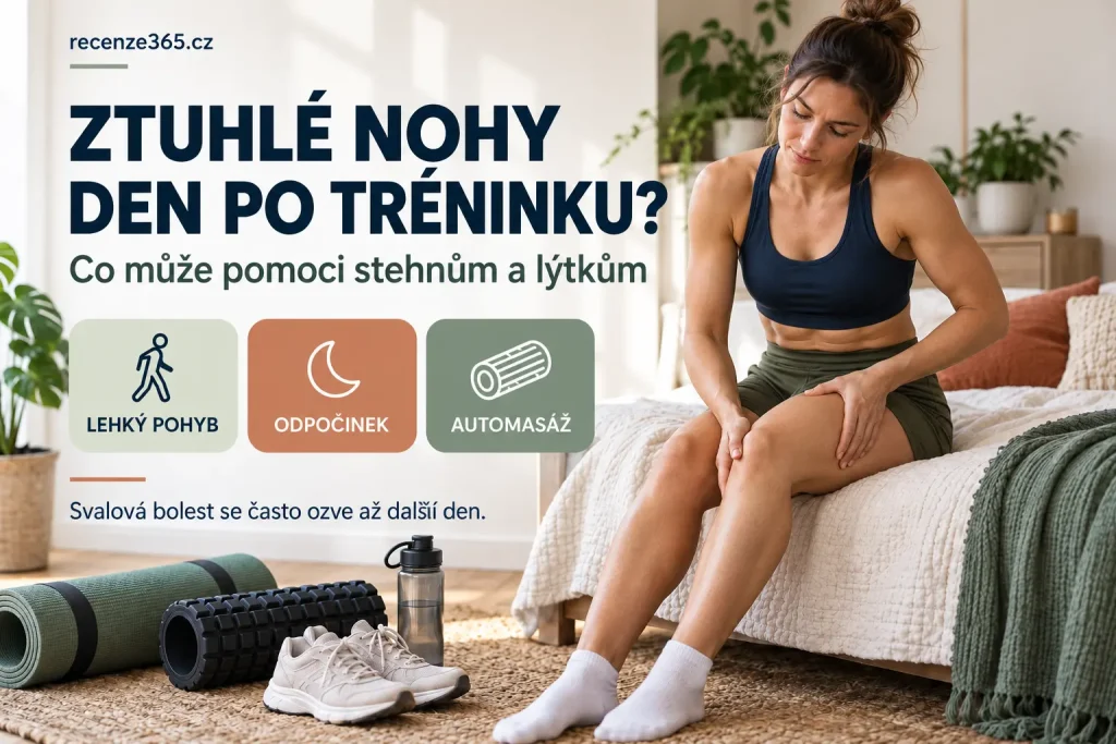 Ztuhlé nohy den po tréninku, bolest stehen a lýtek po cvičení – regenerace svalů, DOMS, svalová horečka, lehký pohyb, odpočinek, foam roller a domácí automasáž nohou.