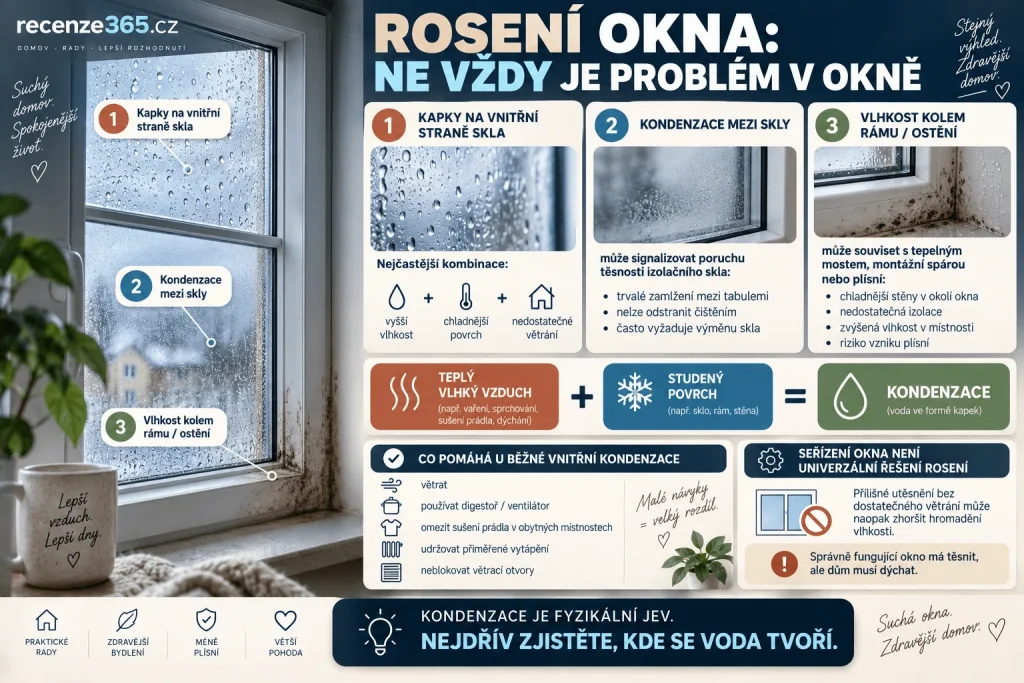 Rosení plastových oken – kondenzace na skle, vlhkost v bytě, větrání, studené sklo, rosení zevnitř a mezi skly, plíseň kolem oken a rozdíl mezi netěsností a vysokou vlhkostí.