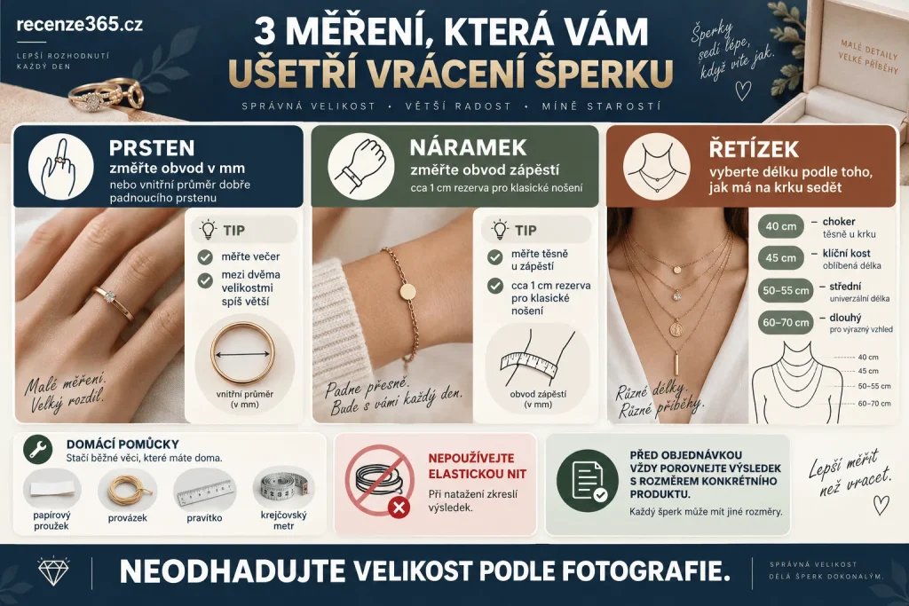 Jak určit velikost šperku – velikost prstenu podle obvodu a průměru, měření zápěstí pro náramek, délka řetízku 40 až 70 cm, velikost náhrdelníku a domácí měření šperků.