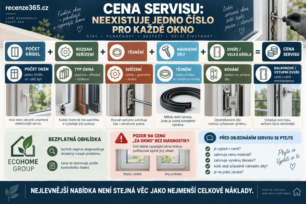 Kolik stojí seřízení plastových oken – cena servisu oken, seřízení kování, výměna těsnění, balkonové dveře, oprava kliky a pantů, počet okenních křídel, bezplatná obhlídka a cenová nabídka servisu.