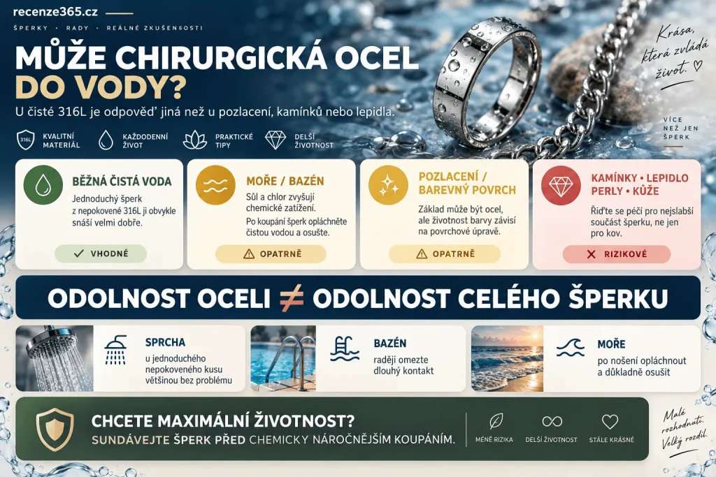 Může chirurgická ocel do vody – sprchování se šperky 316L, nerezová ocel ve vodě, bazén, moře, chlor, sůl, pozlacená chirurgická ocel, kamínky a péče o ocelové šperky.