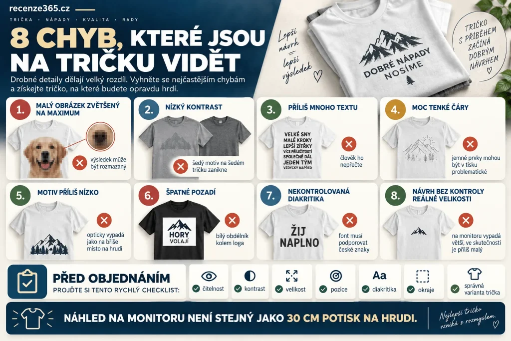 Chyby při návrhu trička s potiskem – malé rozlišení obrázku, špatný kontrast, příliš mnoho textu, tenké čáry, špatná velikost motivu, logo s pozadím a kontrola návrhu před tiskem.