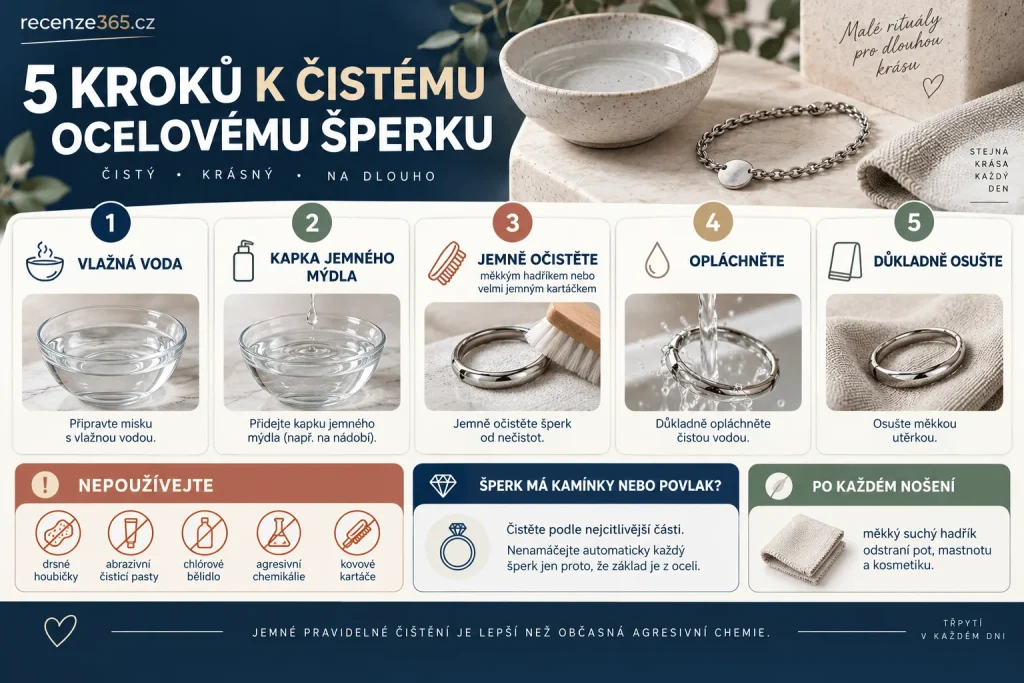 Jak čistit chirurgickou ocel – čištění prstenů, náušnic, náramků a řetízků, vlažná voda, jemné mýdlo, měkký hadřík, odstranění mastnoty, leštění a péče o ocelové šperky.