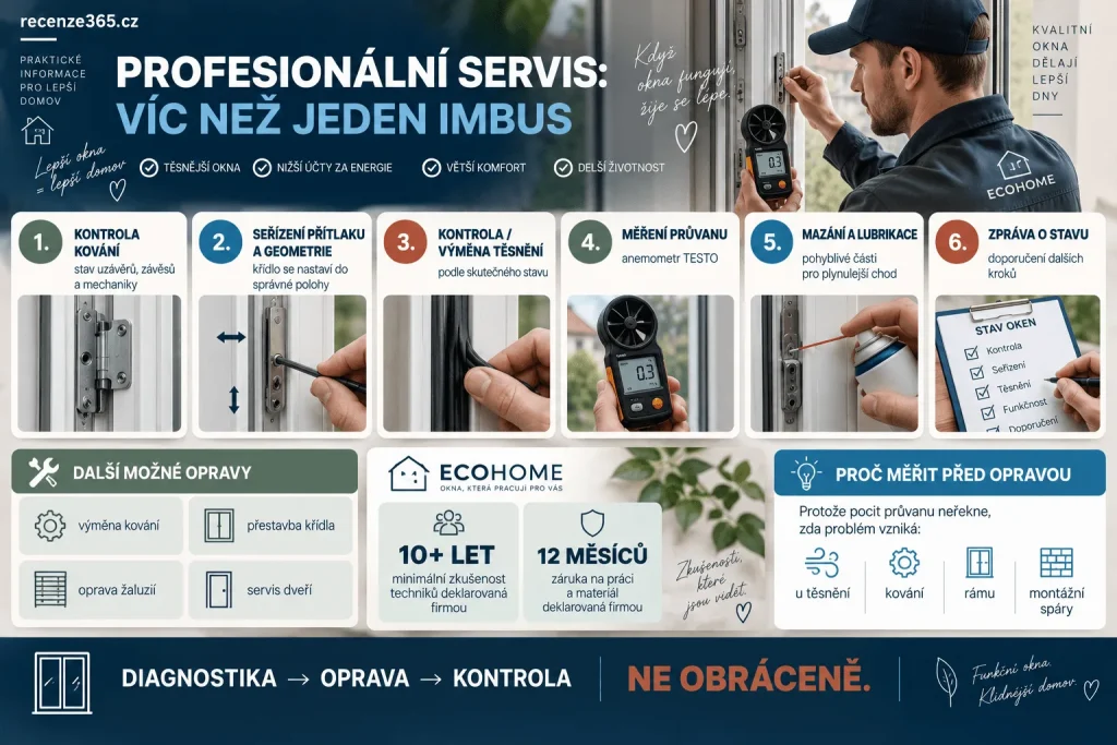 Profesionální servis plastových oken – kontrola kování, seřízení přítlaku, vyrovnání křídla, výměna těsnění, mazání mechanismu, měření průvanu anemometrem, servis balkonových dveří a zpráva o stavu oken.