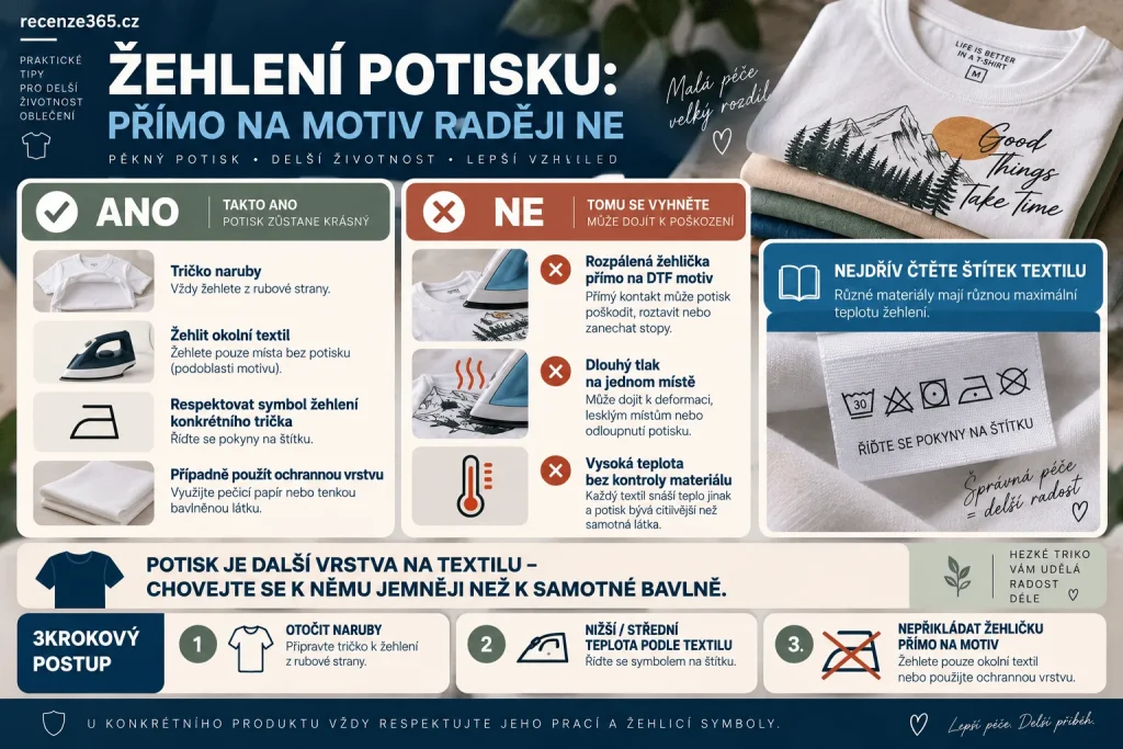 Může se žehlit tričko s potiskem – žehlení DTF potisku, tričko naruby, žehlička na potisku, ochranná látka, teplota žehlení a péče o vlastní potištěné tričko.