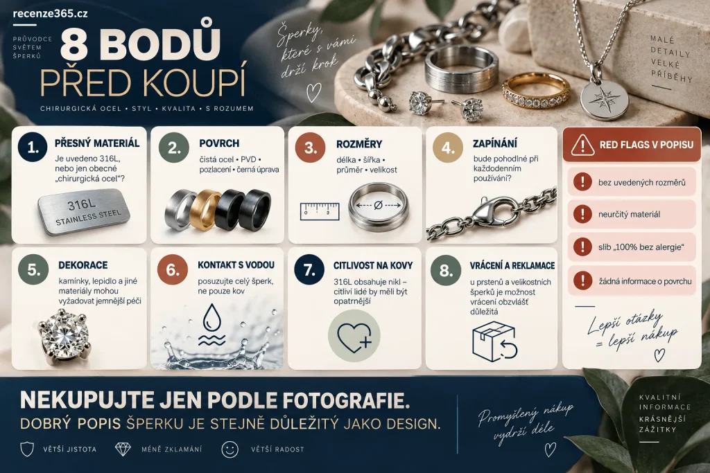 Jak vybrat šperk z chirurgické oceli – 316L materiál, velikost, rozměry, zapínání, povrchová úprava, pozlacení, alergie na nikl, kamínky, odolnost proti vodě, péče a kvalita ocelového šperku.