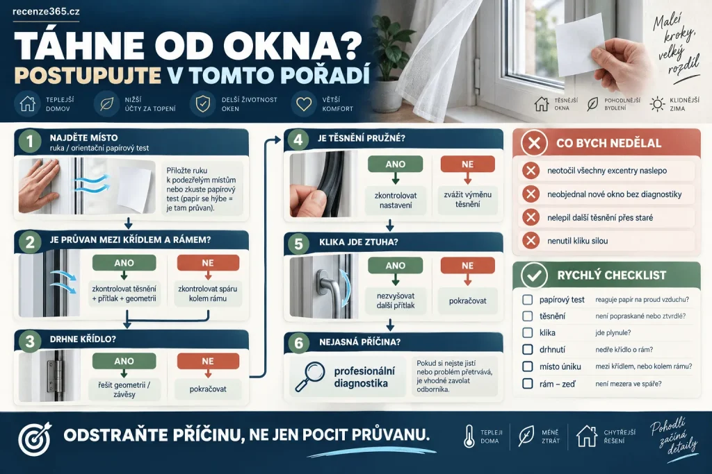 Co dělat když táhne od plastových oken – průvan od okna, papírový test, kontrola těsnění, kování, seřízení přítlaku, netěsná montážní spára, servis oken a postup diagnostiky krok za krokem.