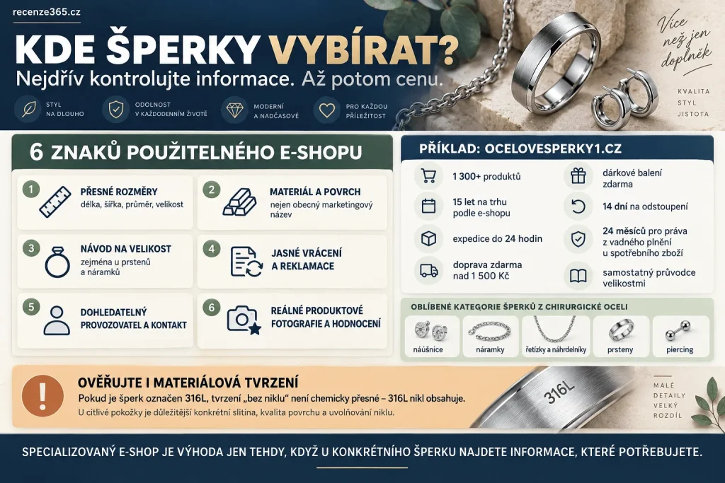 Kde koupit šperky z chirurgické oceli – ověřený e-shop, OceloveSperky1.cz, náušnice, prsteny, řetízky a náramky, 1300 produktů, tabulka velikostí, vrácení do 14 dnů, doprava zdarma a dárkové balení.