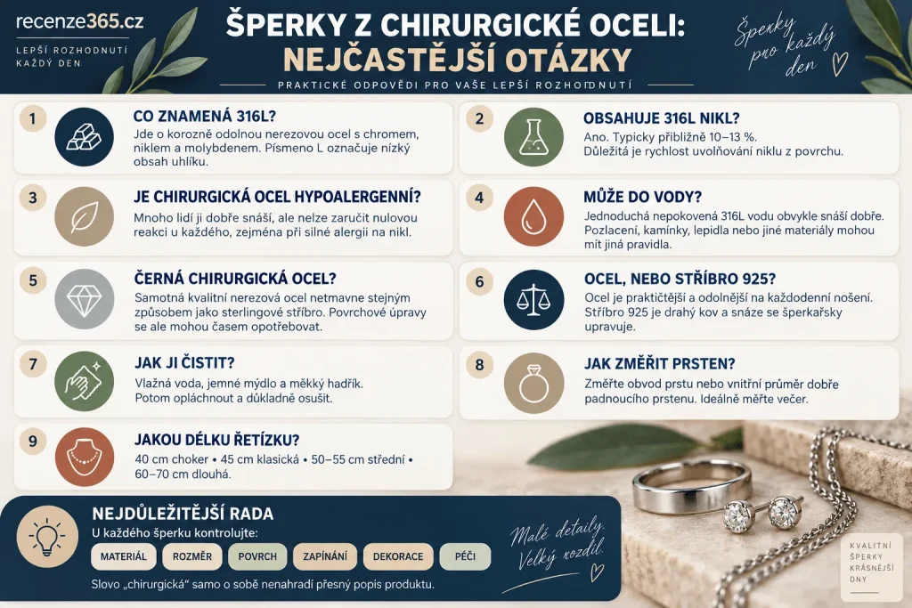 Nejčastější otázky o špercích z chirurgické oceli – co je 316L, obsah niklu, alergie, voda, sprchování, černání, čištění, chirurgická ocel vs stříbro 925, velikost prstenu, náramku a řetízku.