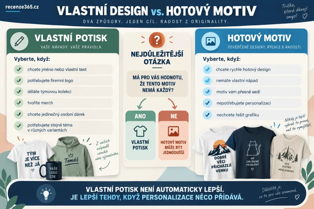 Vlastní potisk vs hotový motiv – kdy navrhnout vlastní tričko, personalizace, firemní logo, dárek, týmové tričko, hotový design, rychlý nákup a výběr potištěného textilu.