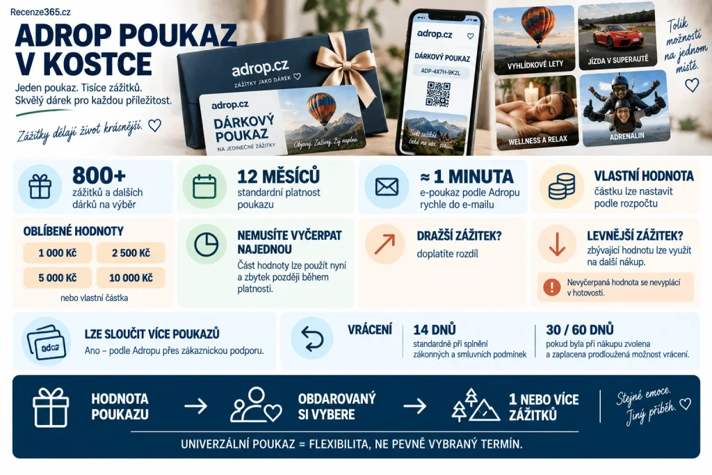 Adrop dárkový poukaz v kostce – univerzální voucher na 800+ zážitků, vlastní hodnota poukazu, 1000 Kč, 2500 Kč, 5000 Kč a 10000 Kč, platnost 12 měsíců, elektronický poukaz, čerpání po částech, výměna zážitku a prodloužení voucheru.