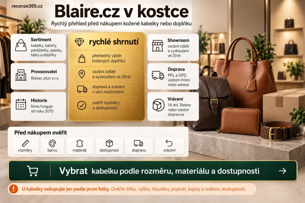 Blaire.cz v kostce, Blaire rychlé hodnocení, Blaire recenze shrnutí, Blaire e-shop v kostce, Blaire kabelky, Blaire kožené kabelky, Blaire batohy, Blaire peněženky, Blaire opasky, Blaire tašky, Blaire Belsac plus s.r.o., Blaire firma od roku 2015, Blaire showroom Zlín, Blaire PPL DPD, Blaire osobní odběr zdarma, Blaire doprava zdarma od 1300 Kč, Blaire doprava zdarma od 1500 Kč, Blaire vrácení 14 dní, Blaire celkový dojem, módní doplňky recenze