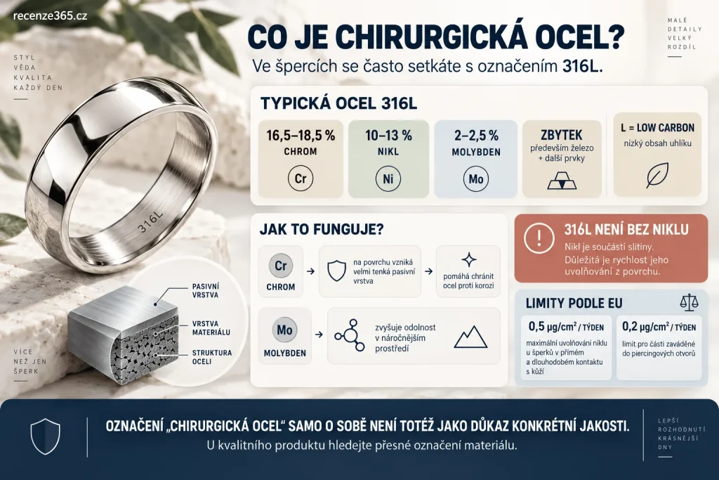 Co je chirurgická ocel 316L – složení nerezové oceli, chrom, nikl, molybden, korozní odolnost, chirurgická ocel ve špercích, alergie na nikl, náušnice, prsteny a náramky z oceli.