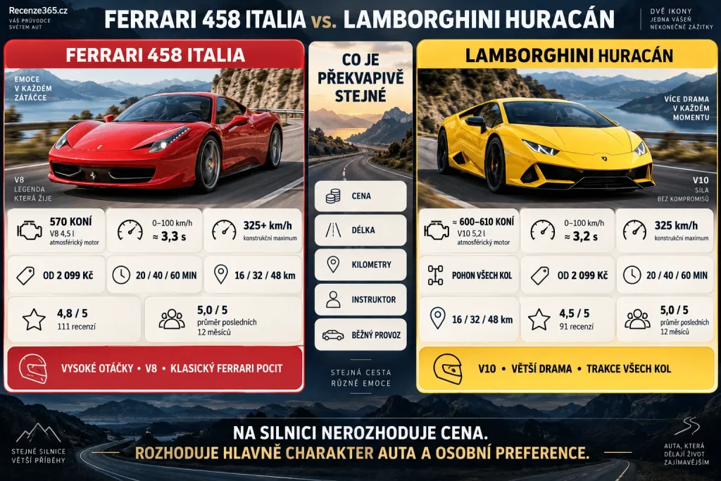 Ferrari vs Lamborghini v kostce – Ferrari 458 Italia 570 koní, Lamborghini Huracán 600 koní, V8 vs V10, 0–100 km/h 3,3 vs 3,2 sekundy, cena od 2099 Kč, 20 40 60 minut, recenze 4,8/5 vs 4,5/5 a zážitková jízda Adrop.
