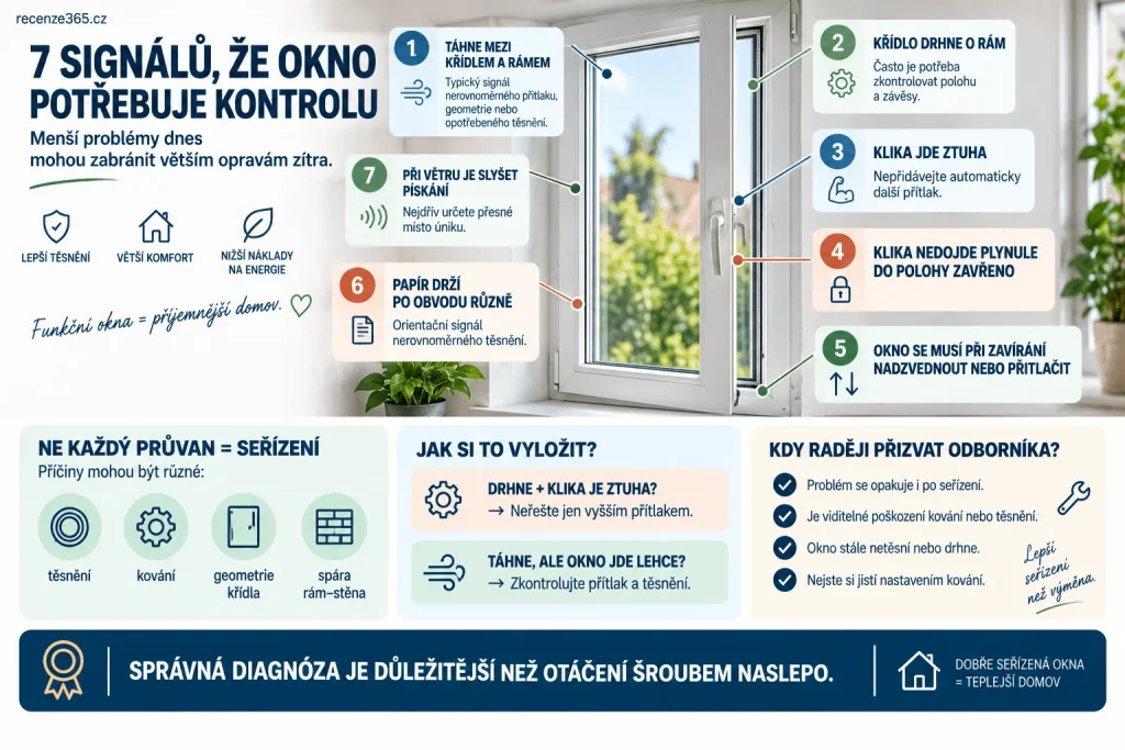 Jak poznat špatně seřízené plastové okno – průvan, drhnutí o rám, těžké zavírání kliky, nerovnoměrný přítlak, hlučnost, netěsnost, povolené kování a příznaky potřeby servisu oken.