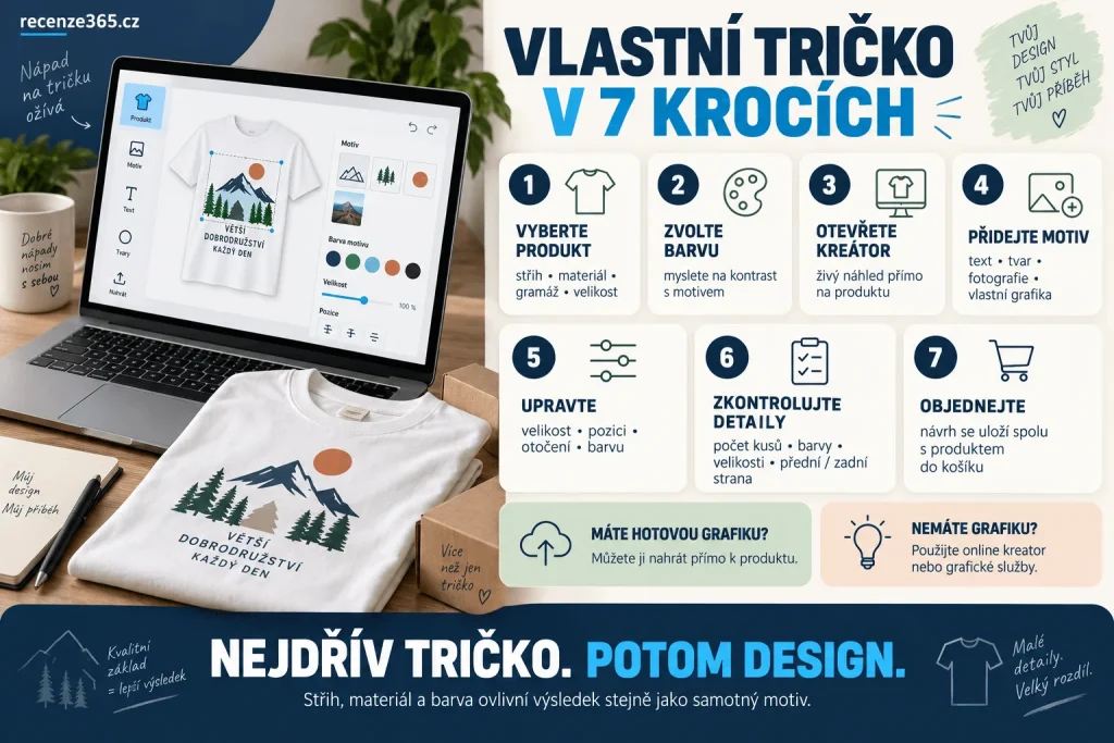 Jak vytvořit vlastní tričko s potiskem krok za krokem – výběr trička, barvy a velikosti, online kreator, vlastní text, fotografie, logo, DTF tisk, náhled návrhu a objednávka trička.