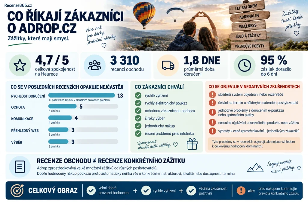 Adrop.cz zkušenosti zákazníků – recenze Heureka 4,7/5, 3310 recenzí, rychlost doručení 1,8 dne, komunikace, zákaznická podpora, rezervace zážitků, dárkové poukazy, stížnosti a hodnocení zážitkového e-shopu.