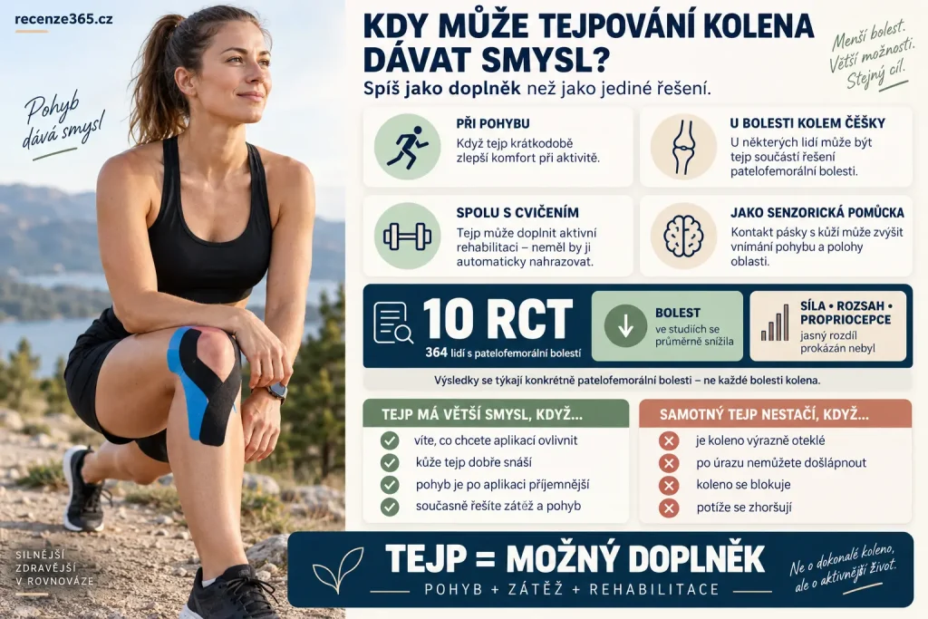 Kdy má smysl tejpování kolena – kineziologický tejp při bolesti kolene, patelofemorální bolest, tejp při sportu, běhání, cvičení, podpora čéšky a doplněk fyzioterapie.