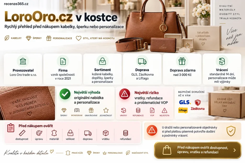 LoroOro.cz v kostce, Loro Oro rychlé hodnocení, LoroOro přehled, LoroOro recenze shrnutí, LoroOro provozovatel, Loro Oro trade s.r.o., LoroOro IČO 10835709, LoroOro firma 2021, LoroOro značka 2017, LoroOro kabelky, LoroOro doplňky, LoroOro šperky, LoroOro personalizace, LoroOro Puncovní úřad, LoroOro doprava GLS Zásilkovna Liftago, LoroOro doprava zdarma 3000 Kč, LoroOro platba kartou převodem dobírkou, LoroOro vrácení 14 dní, LoroOro riziko vratky refundace, LoroOro zvýšená opatrnost