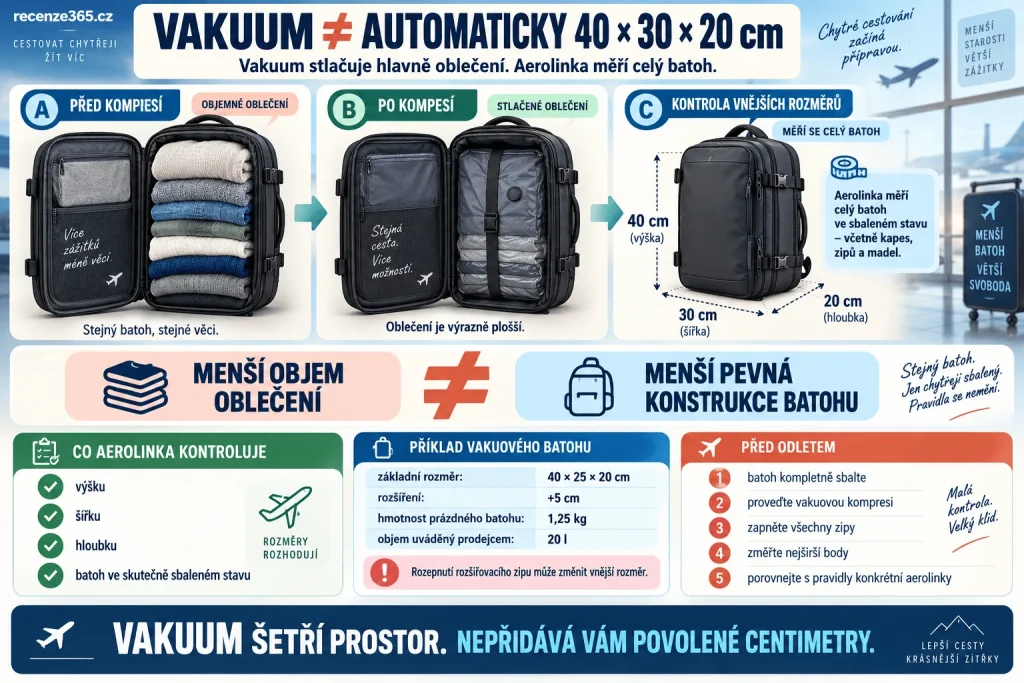 Vakuový batoh 40 × 30 × 20 cm do letadla – rozměry příručního zavazadla, vakuová komprese oblečení, měření batohu po sbalení, Ryanair a Wizz Air, externí rozměry batohu a nejčastější chyba při nákupu vakuového batohu.