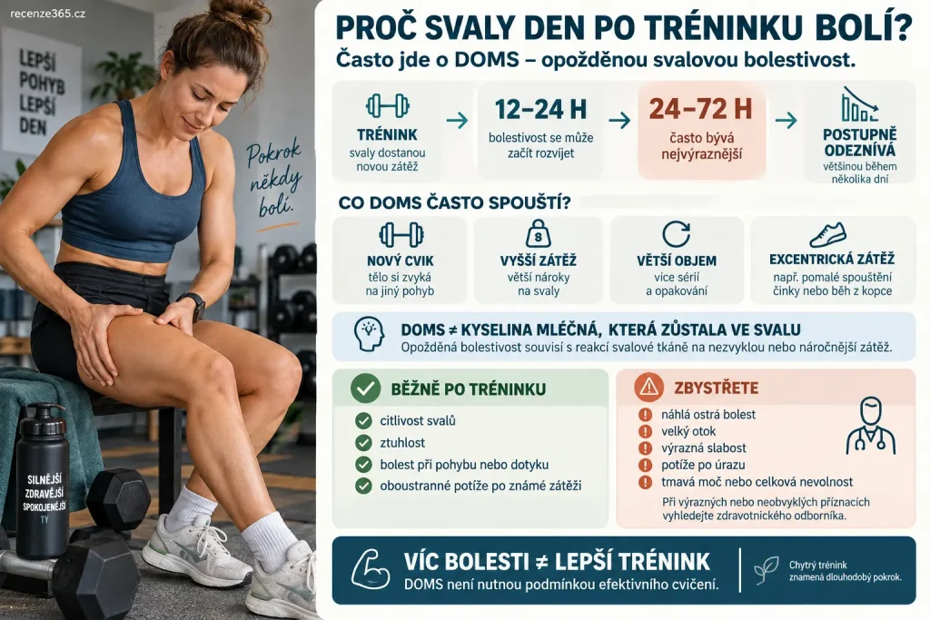 Proč bolí svaly den po tréninku – DOMS, opožděná svalová bolest, svalová horečka, bolest stehen a lýtek 24 až 72 hodin po cvičení, nezvyklá zátěž a regenerace svalů.