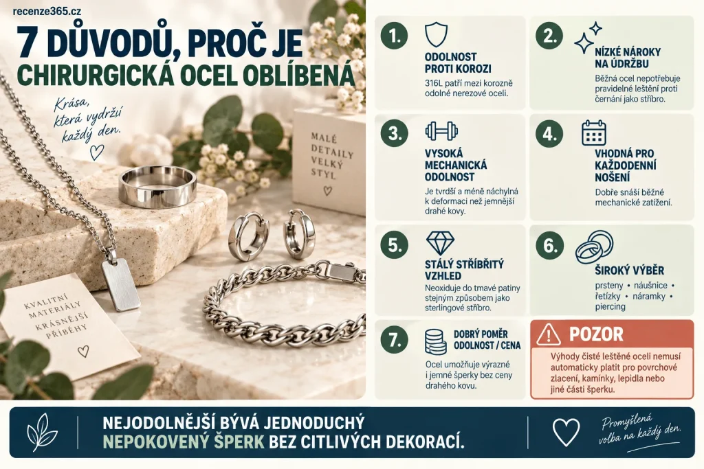 Výhody šperků z chirurgické oceli – 316L ocel, odolnost proti korozi, poškrábání a vodě, snadná údržba, dlouhá životnost, náušnice, prsteny, náhrdelníky a náramky pro každodenní nošení.