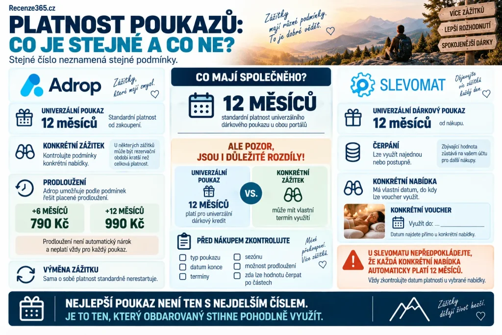 Adrop vs Slevomat platnost poukazu – dárkový voucher 12 měsíců, univerzální poukaz, platnost konkrétního zážitku, expirace voucheru, prodloužení Adrop, postupné čerpání kreditu Slevomat a podmínky dárkových poukazů.