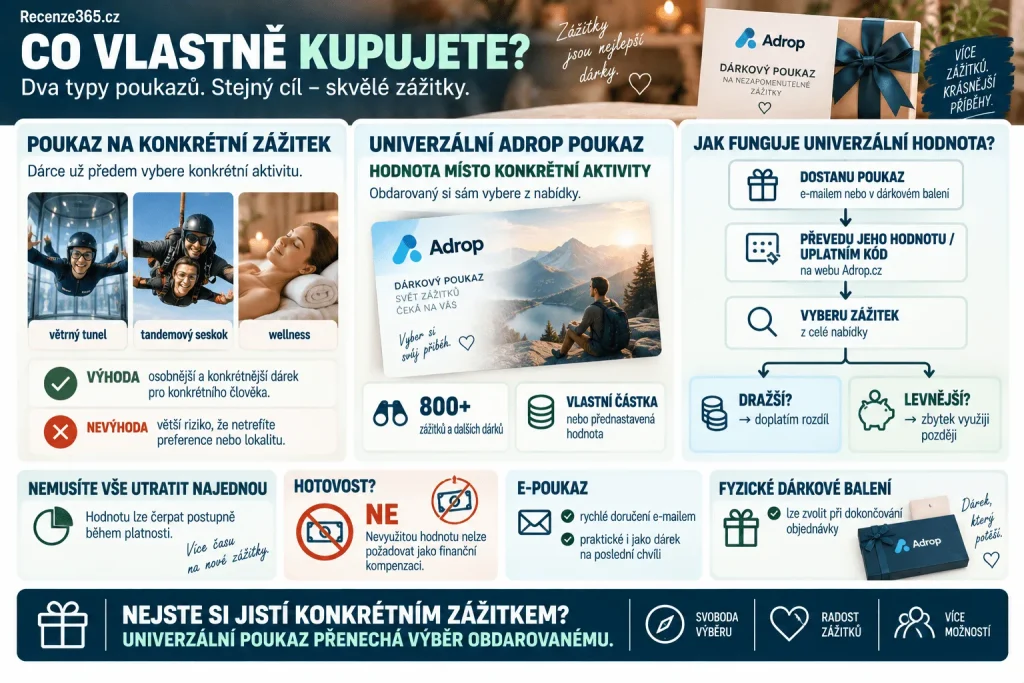 Co je dárkový poukaz Adrop.cz – univerzální zážitkový voucher, jak funguje Adrop poukaz, vlastní hodnota, kredit na zážitky, elektronický voucher, dárek na poslední chvíli, výběr z 800+ zážitků, čerpání po částech a výměna poukazu.