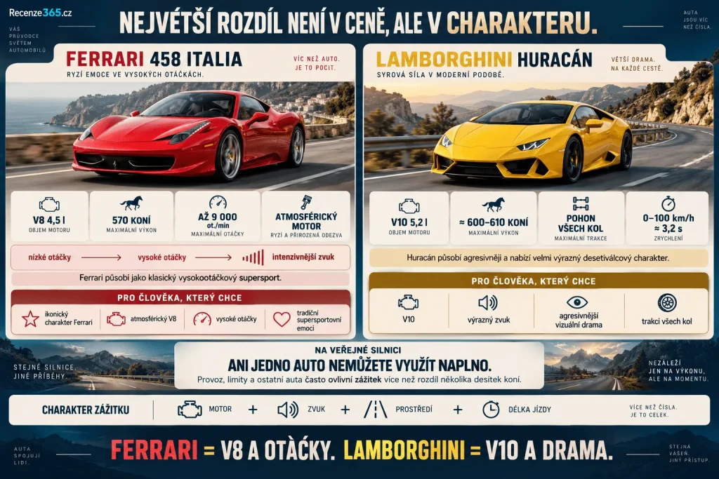 Ferrari nebo Lamborghini hlavní rozdíl – atmosférický Ferrari V8 4,5 litru vs Lamborghini V10 5,2 litru, 570 vs 610 koní, zvuk motoru, pohon všech kol, supersportovní zážitek, jízda v běžném provozu a rozdíl Ferrari 458 Italia vs Huracán.