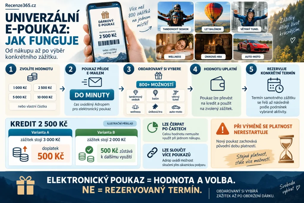 Jak funguje univerzální elektronický poukaz Adrop – vlastní hodnota voucheru, e-poukaz do e-mailu, výběr z 800+ zážitků, převod poukazu na kredity, dražší zážitek s doplatkem, levnější zážitek, čerpání po částech a dárkový poukaz na poslední chvíli.