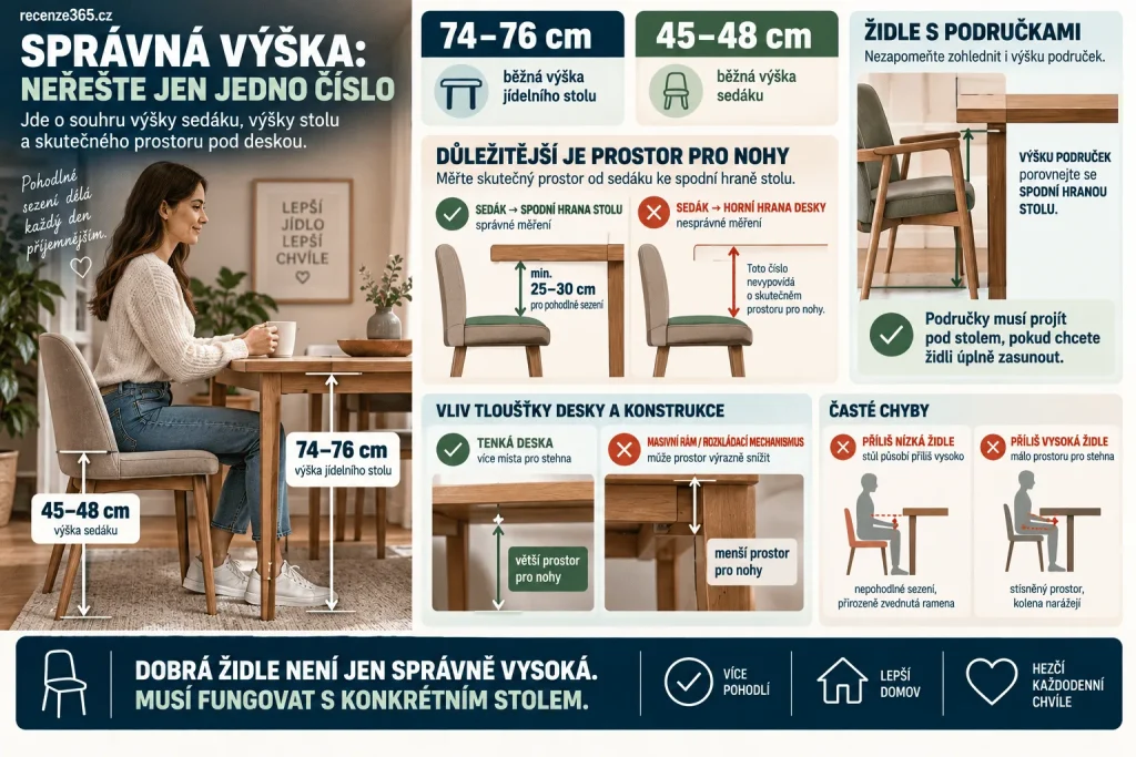 Správná výška jídelní židle – výška sedáku 45 až 48 cm, jídelní stůl 74 až 76 cm, prostor pro stehna, područky pod stolem, výška stolové desky a ergonomie jídelního sezení.
