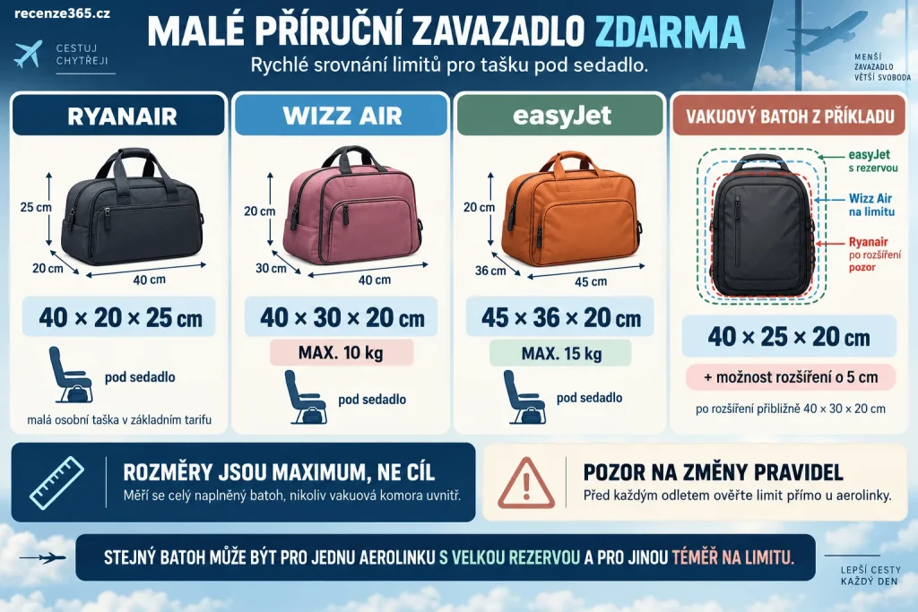 Rozměry příručního zavazadla Ryanair, Wizz Air a easyJet – Ryanair 40 × 30 × 20 cm, Wizz Air 40 × 30 × 20 cm 10 kg, easyJet 45 × 36 × 20 cm 15 kg, batoh pod sedadlo a vakuový batoh do letadla.