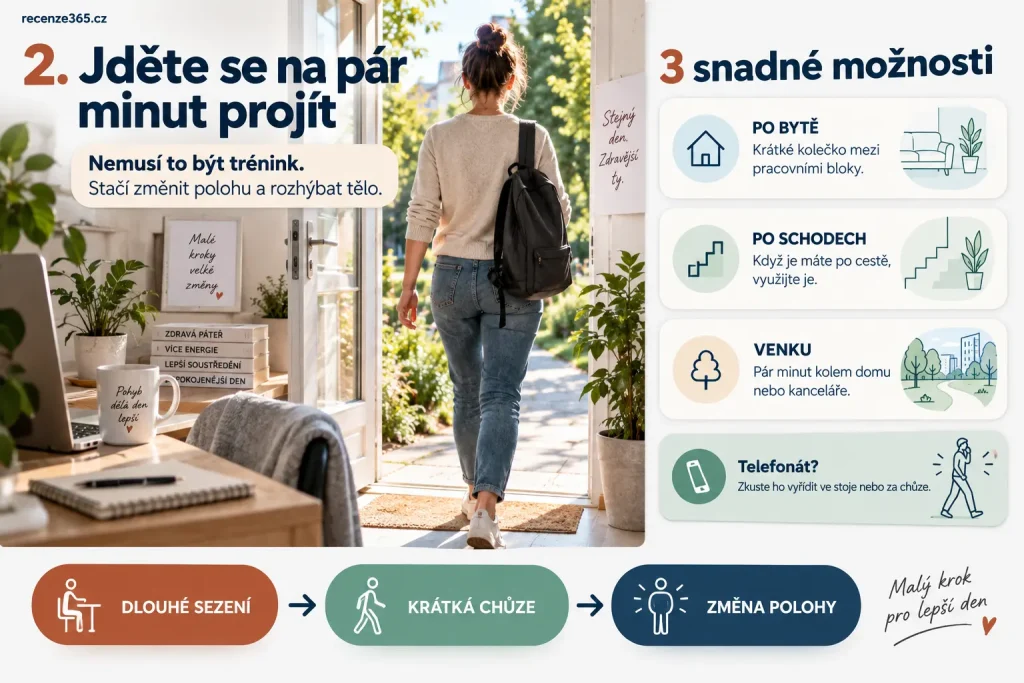 Krátká procházka při bolesti zad ze sezení – jednoduchá pohybová pauza po práci u počítače, chůze po bytě, schody nebo venkovní procházka pro rozhýbání těla.